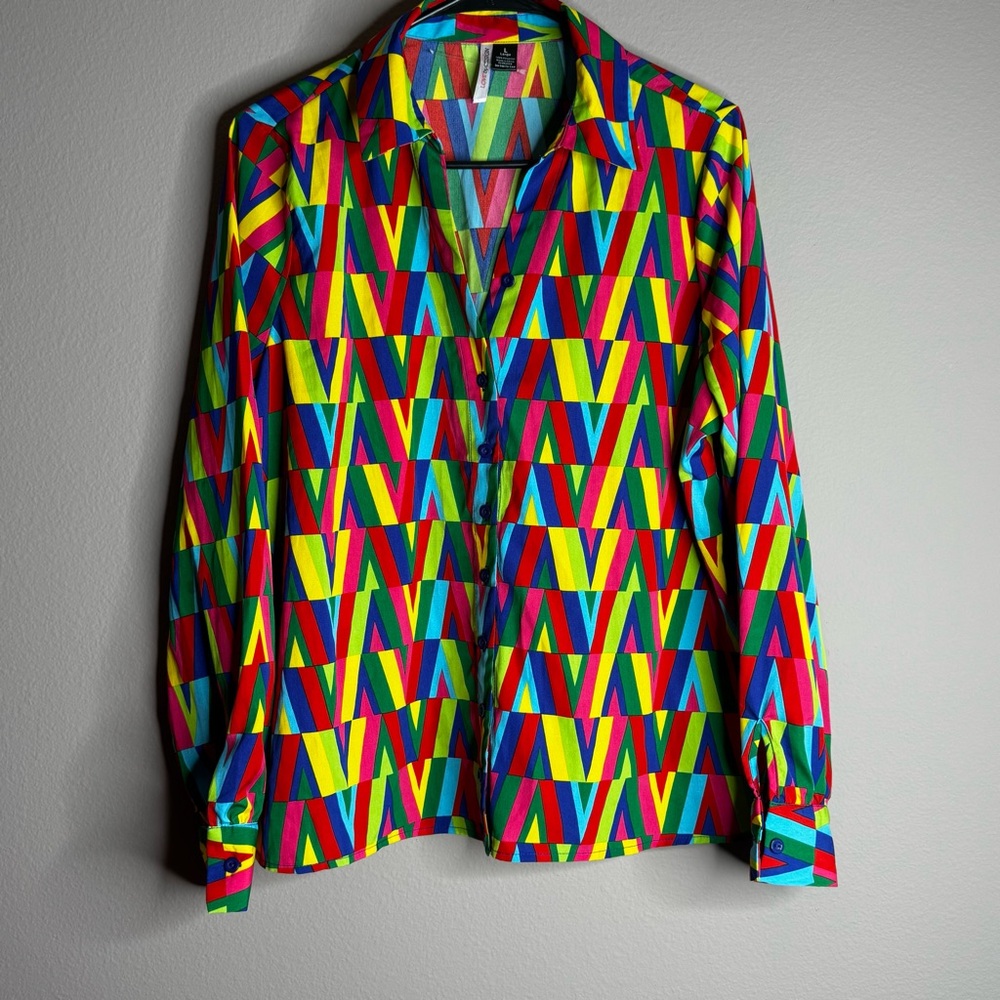 Love By Design Red Green Multicolor Geometric Button Top Sz L